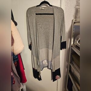 Maurices Black and Gray Striped Cardigan with Floral Accents